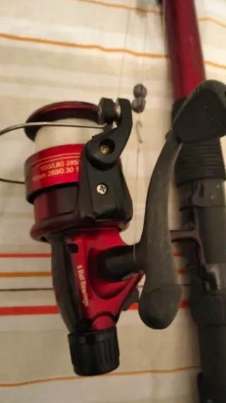 Caña (17) de pescar antigua con carrete