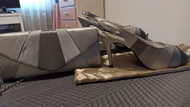 Bolso y zapatos de fiesta plateados