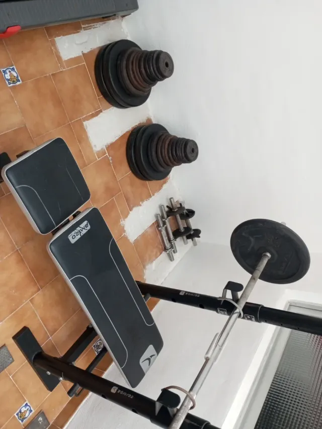 Banco de pesas, mancuernas y discos