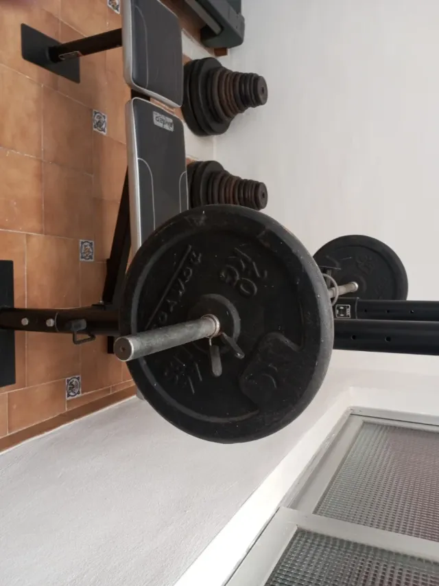 Banco de pesas, mancuernas y discos