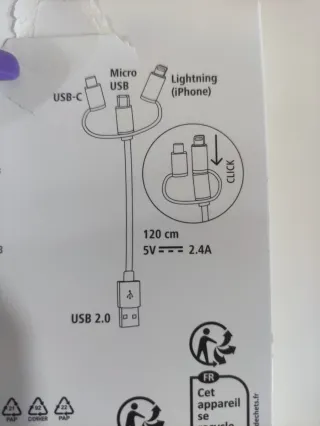 Cable Carga 3 en 1 iPhone/USB-C/Micro USB