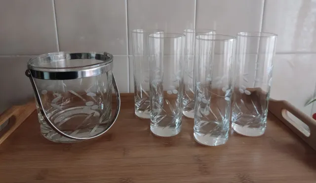 HIELARA Y VASOS DE TUBO VINTAGE CRISTAL TALLADO