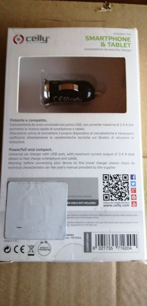 Celly Caricabatterie Auto USB 2.4A universale