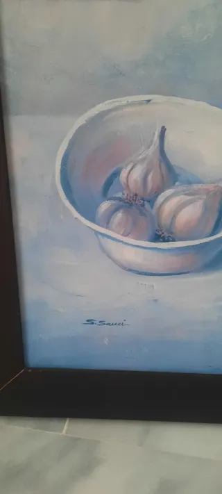 Cuadro bodegón con ajos y jarras