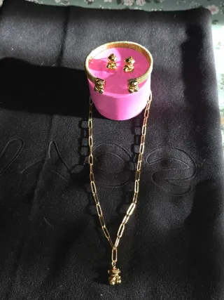 Conjunto joyería osito, acero dorado. In