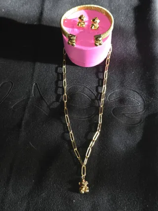 Conjunto joyería osito, acero dorado. In
