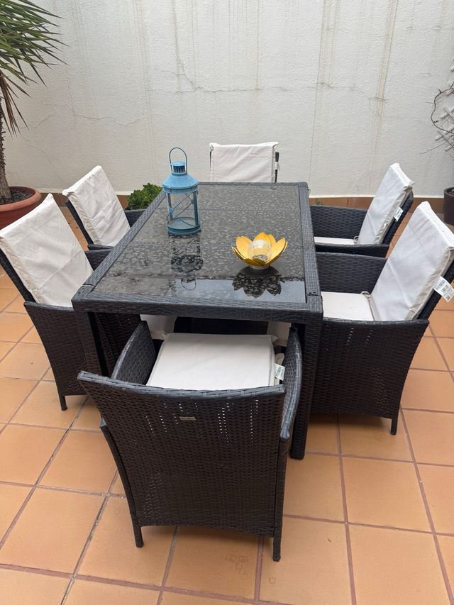 Mesa y 6 Sillas Jardín Ratán Cristal