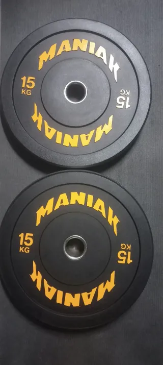 PESAS 2 DISCOS DE 15KG BUMPER MANIAK DE 50MM