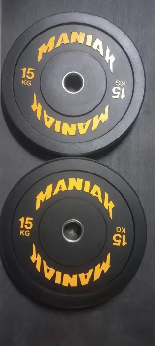 PESAS 2 DISCOS DE 15KG BUMPER MANIAK DE 50MM