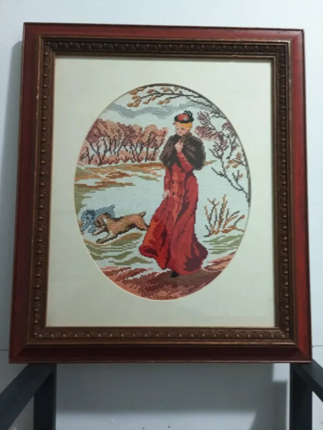 Cuadro Punto de Cruz Mujer y Perro