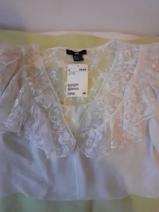 Blusa H&M Blanca Talla S Fiesta Encaje