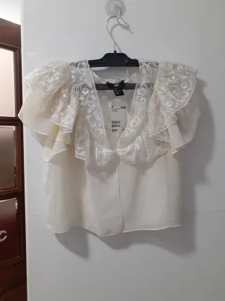 Blusa H&M Blanca Talla S Fiesta Encaje