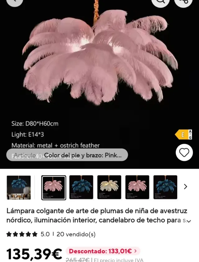 Lámpara de techo de plumas rosa y dorada