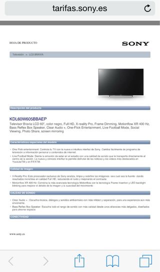 TV Sony Bravia 60” LED con soporte de pared