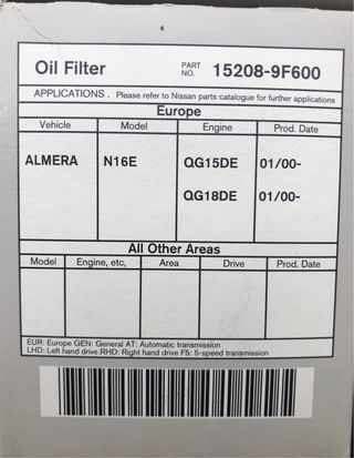 Filtro de Aceite Nissan 15208-9F600