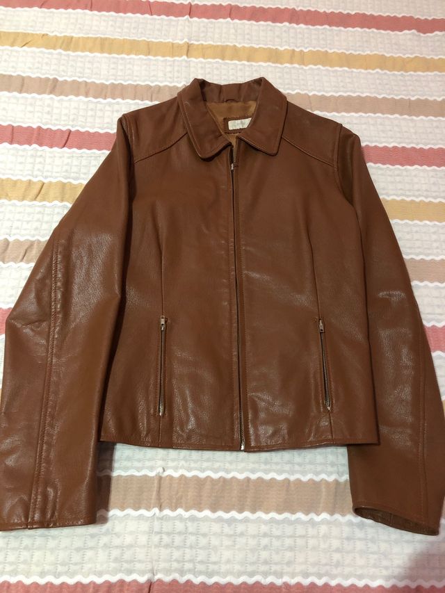 Chaqueta de cuero marrón mujer