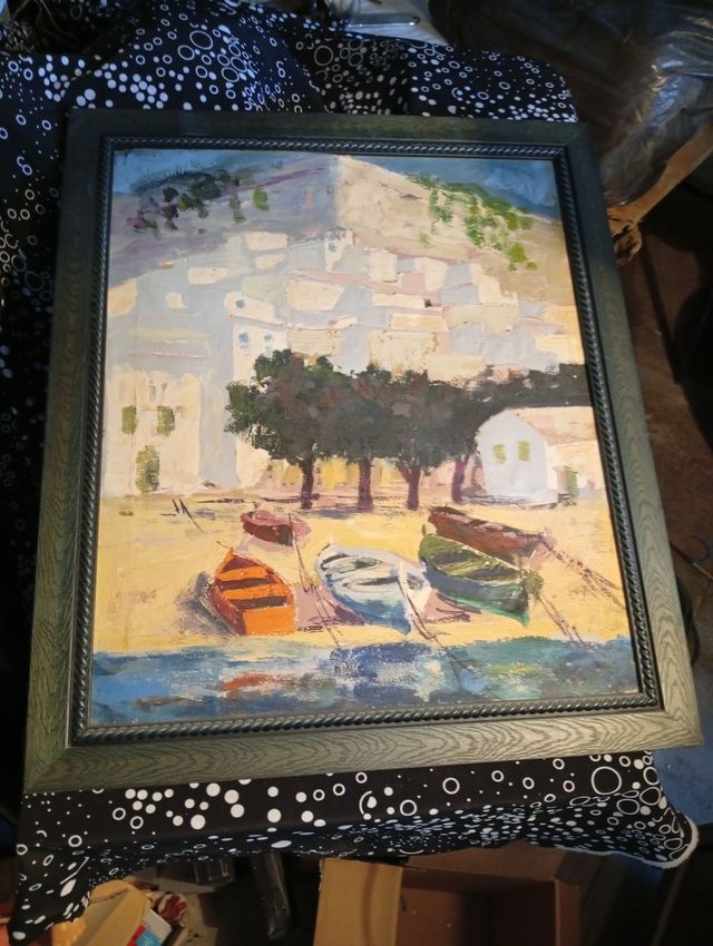 Cuadro de madera con barcos