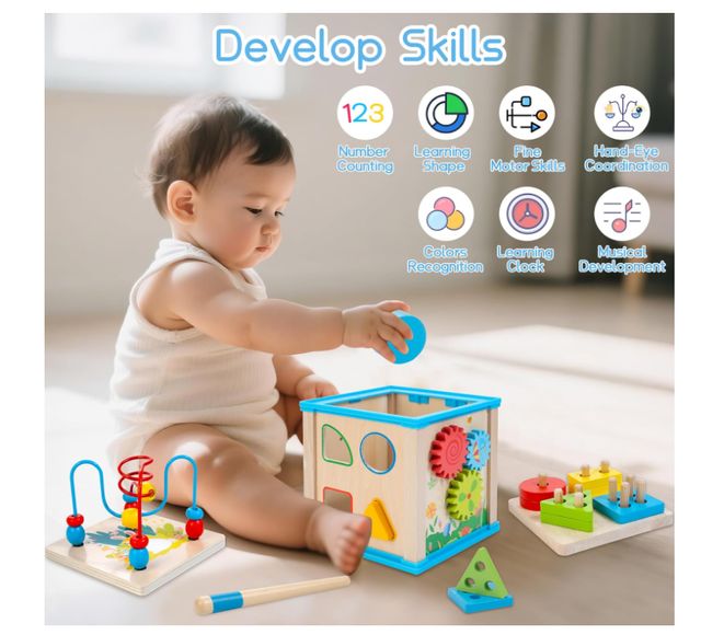 Cubo Attività Legno 7 in 1 Giocattolo Bambini