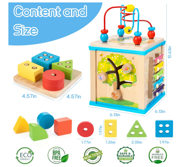 Cubo Attività Legno 7 in 1 Giocattolo Bambini