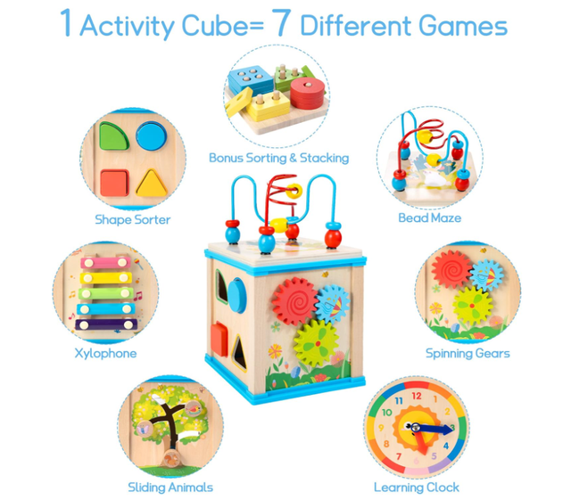 Cubo Attività Legno 7 in 1 Giocattolo Bambini