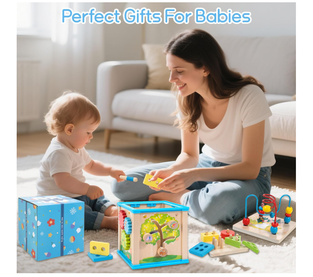 Cubo Attività Legno 7 in 1 Giocattolo Bambini