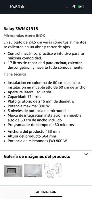 Microondas integrable Balay 3WMX1918