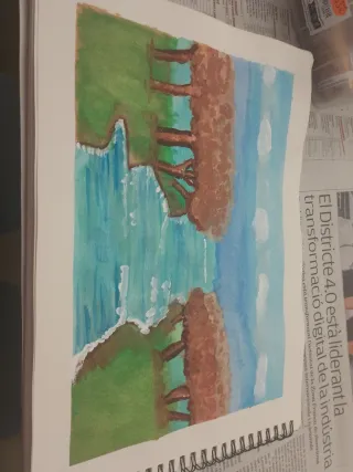 Pintura de paisaje con árboles y agua