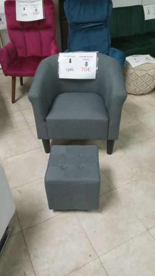 Sillón y reposapiés tela gris