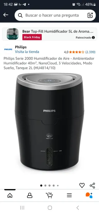 Humidificador Philips Negro y Plateado HU4814