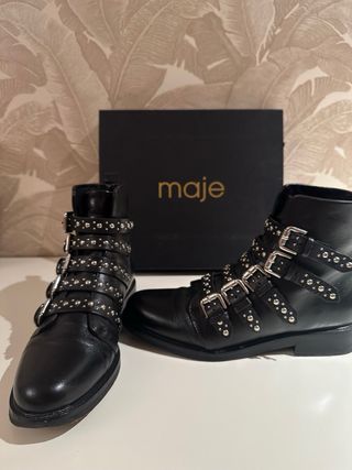 Botines Maje Piel Negros Hebillas Tachuelas