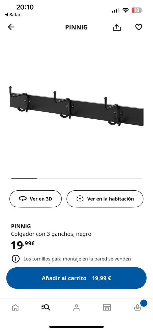 Perchero PINNIG Ikea 3 Ganchos Negro