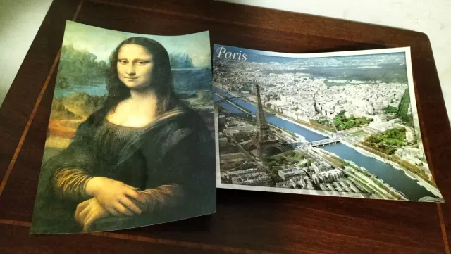 2 Postales Vintage Grandes: Mona Lisa y París