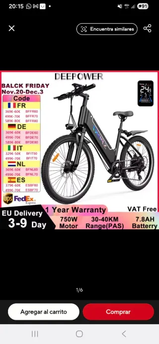 Bicicleta Eléctrica 750W 7.8AH 40km/h