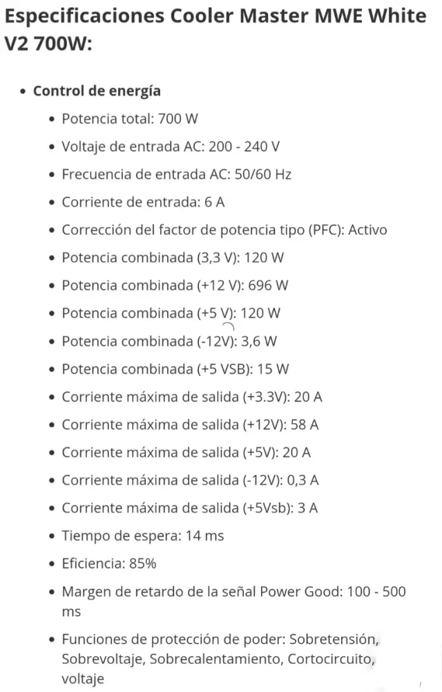 Fuente Alimentación Cooler Master MWE WhiteV2 700W