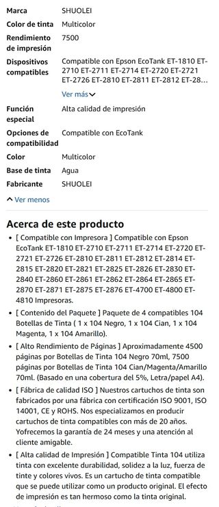 NUEVOS 4 botellas tinta Epson 104 EcoTank