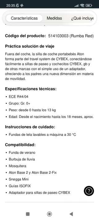 Silla Coche Cybex Aton Grupo 0+