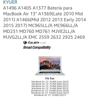 Batería KYUER MacBook Air 13 A1496 A1405