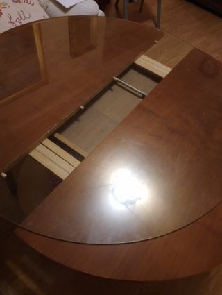 Mesa redonda extensible madera y cristal