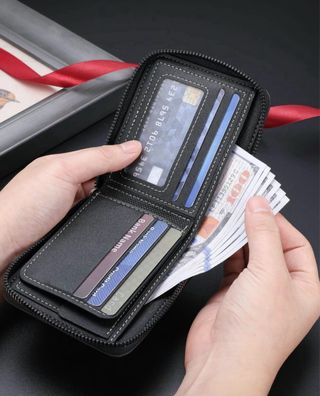 Cartera Carrken Cuero Negra Gris Cremallera