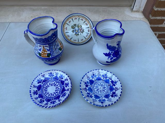 Jarrones Cerámica Azul y Blanco Juego 5 Piezas