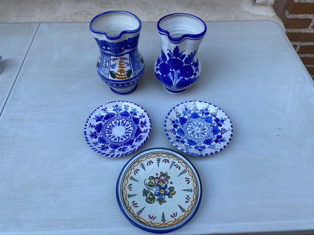 Jarrones Cerámica Azul y Blanco Juego 5 Piezas