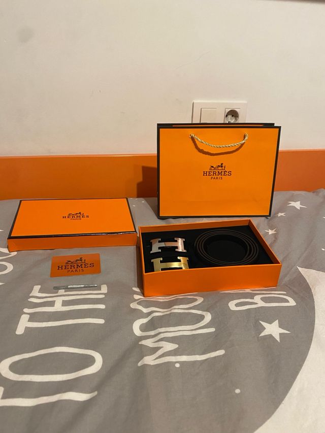 Cinturón Hermès Negro 120cm Hebilla H Oro/Plata