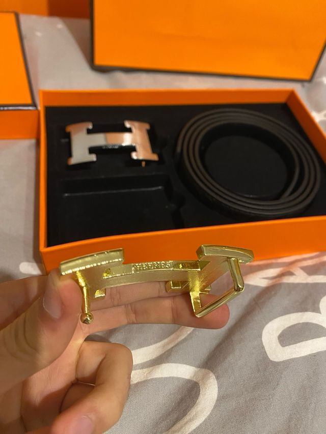 Cinturón Hermès Negro 120cm Hebilla H Oro/Plata