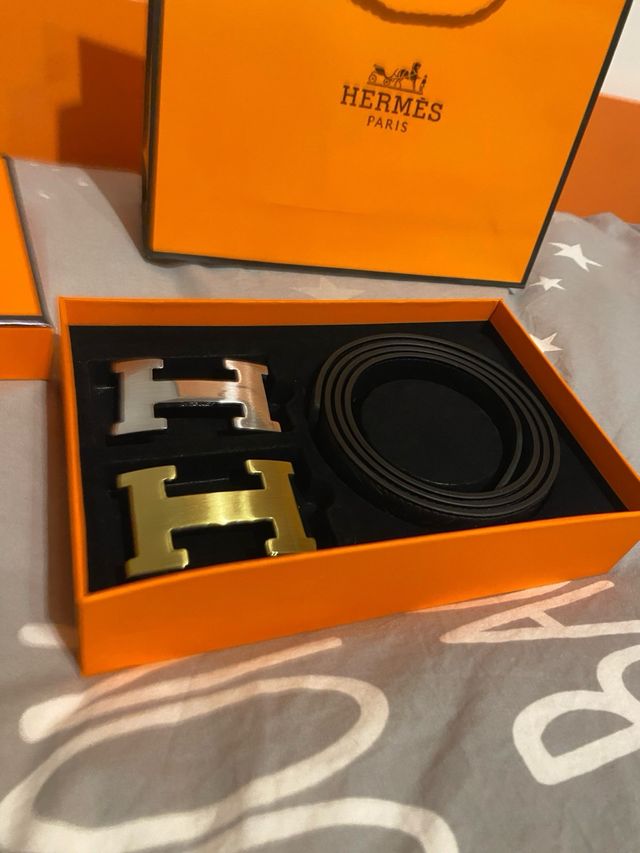Cinturón Hermès Negro 120cm Hebilla H Oro/Plata