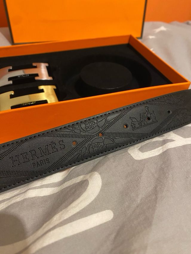 Cinturón Hermès Negro 120cm Hebilla H Oro/Plata