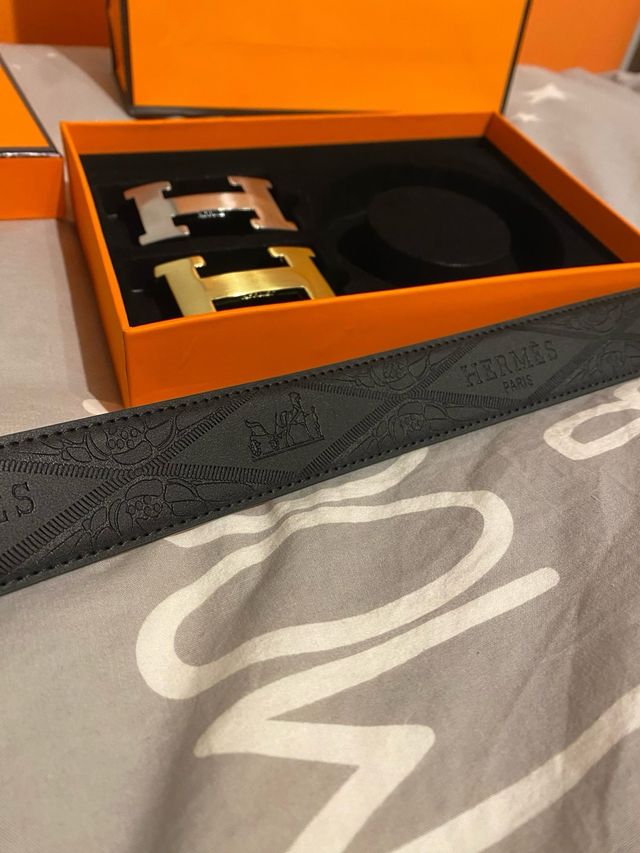 Cinturón Hermès Negro 120cm Hebilla H Oro/Plata