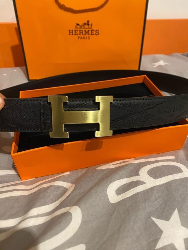 Cinturón Hermès Negro 120cm Hebilla H Oro/Plata