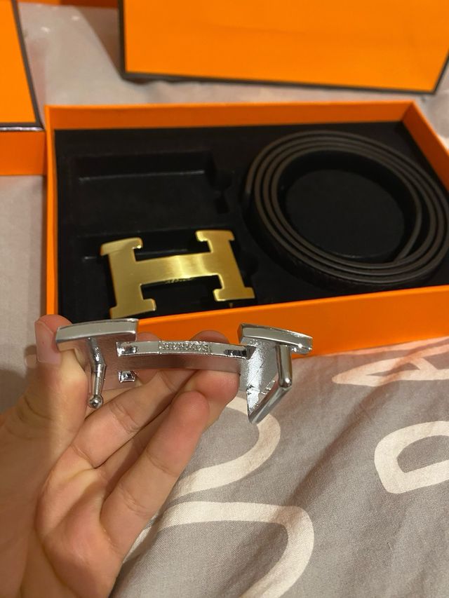 Cinturón Hermès Negro 120cm Hebilla H Oro/Plata