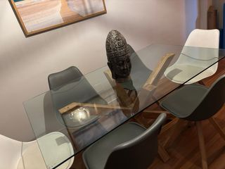 Conjunto mesa comedor cristal y Roble y 6 sillas