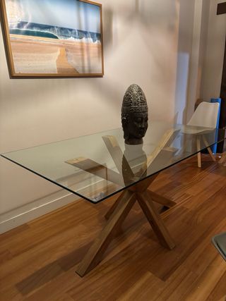 Conjunto mesa comedor cristal y Roble y 6 sillas